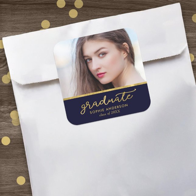 Blue and Gold Photo Graduate Graduation Square Sticker (Creator Uploaded)