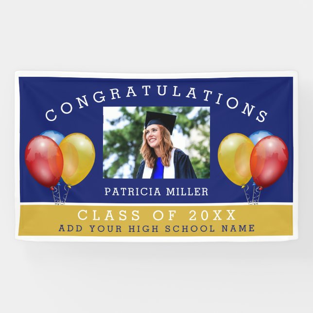 Blue And Gold Photo Graduation Congratulations Banner (Horizontal)