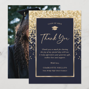 Blue and Gold Photo Graduation Thank You Card
