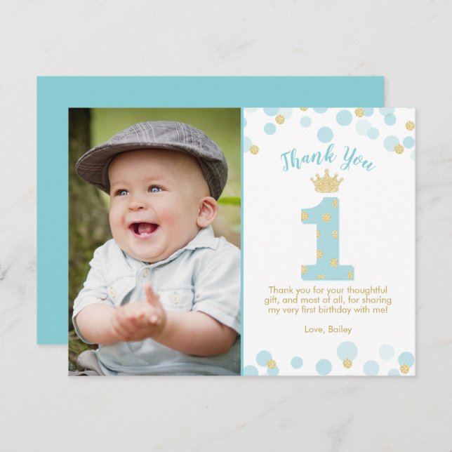 Blue and Gold Prince 1st Birthday Thank You Card (Front/Back)