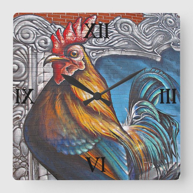 Blue and Gold Rooster Square Wall Clock (Front)