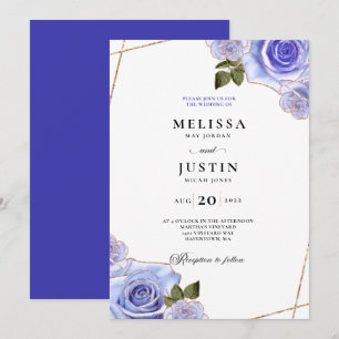 Blue and Gold Rose Glitter Wedding Invitation