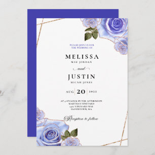 Blue and Gold Rose Glitter Wedding Invitation