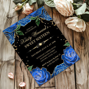 Blue and Gold Roses Floral Sweet Sixteen Invitation