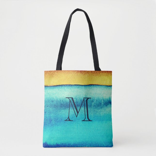 Blue and Gold Rustic Monogram Tote Bag (Front)