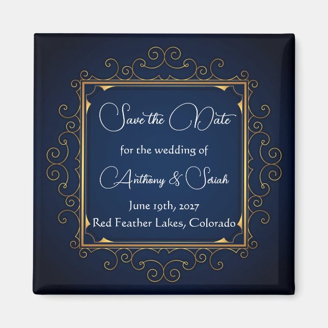 Blue and gold "save the date" magnet (Front)