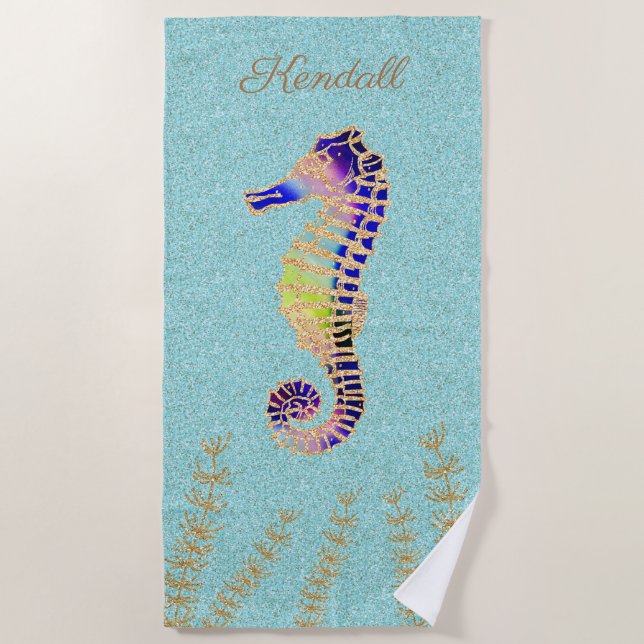 Blue and Gold Seahorse Customised Beach Towel (Front)
