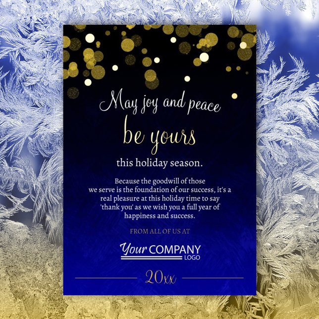 Blue and Gold Shimmery Lights Company Christmas (dark blue royal blue company holiday christmas card business logo greeting shimmering gold lights)
