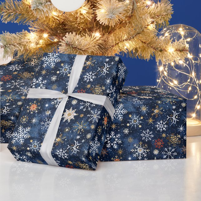 Blue And Gold Snowflake Pattern With Stars Wrapping Paper (Holidays)