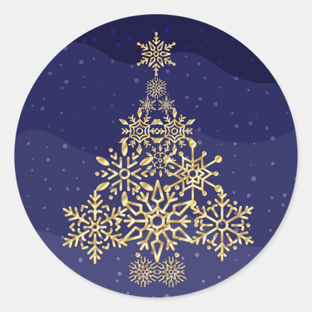 Blue and Gold Snowflake Tree Christmas Sticker (Front)