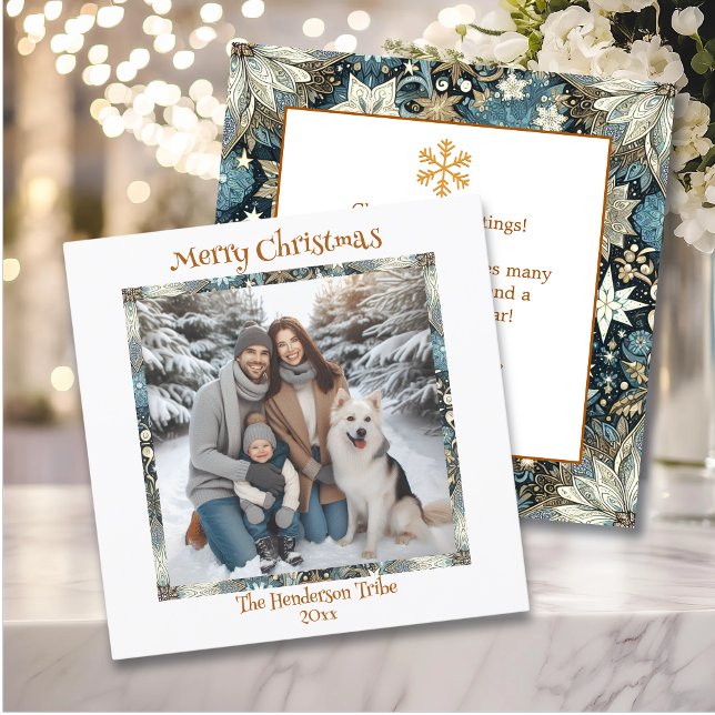 Blue and Gold Snowflakes Family Photo Christmas Holiday Card (Creator Uploaded)