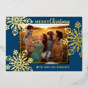 Blue And Gold Snowflakes Merry Christmas Photo