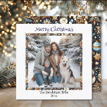 Blue and Gold Snowmen | Family Photo Christmas Holiday Card<br><div class="desc">Personalised Christmas cards with a family photo. Pretty gold and blue snowman festive holiday background.</div>