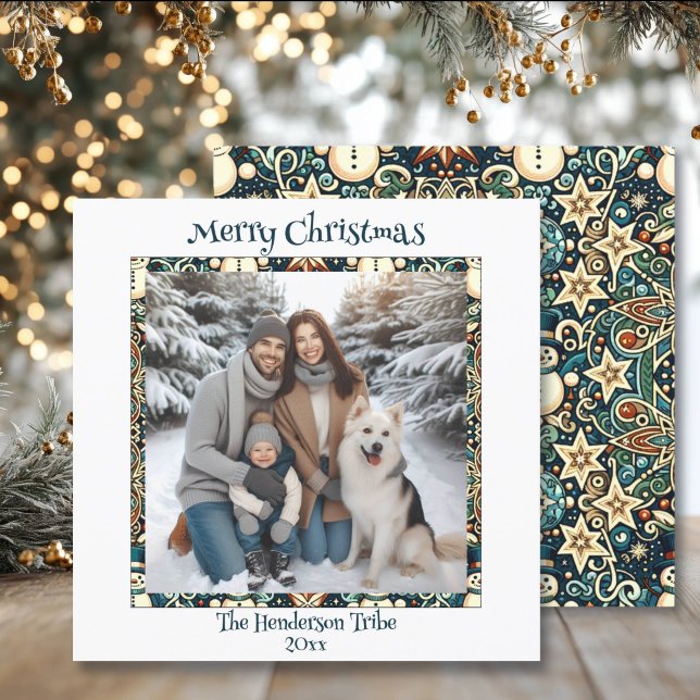 Blue and Gold Snowmen Family Photo Christmas Holiday Card (Creator Uploaded)