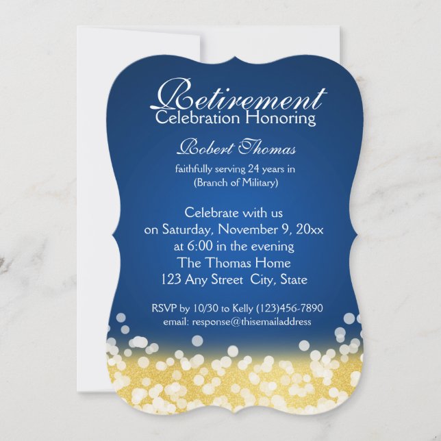 Blue and Gold Sparkle Lights Retirement Party Invitation (Front)