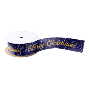 Blue and gold sparkly Merry Christmas Satin Ribbon