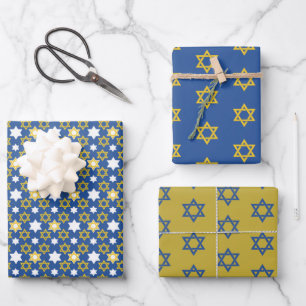 Blue and Gold Star of David Wrapping Paper Sheet