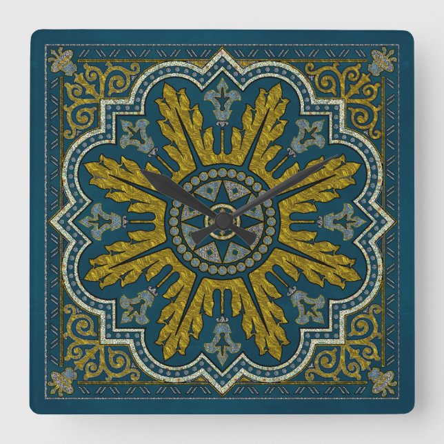 Blue and Gold Star Point Deco Square Wall Clock (Front)