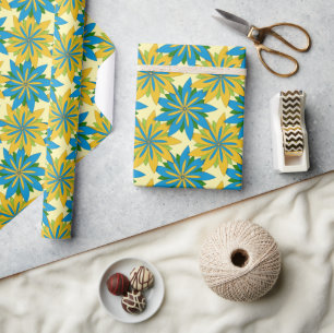 Blue and Gold Starburst Flowers  Wrapping Paper