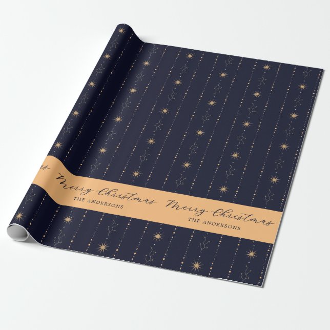 Blue And Gold Stars Merry Christmas Wrapping Paper (Unrolled)