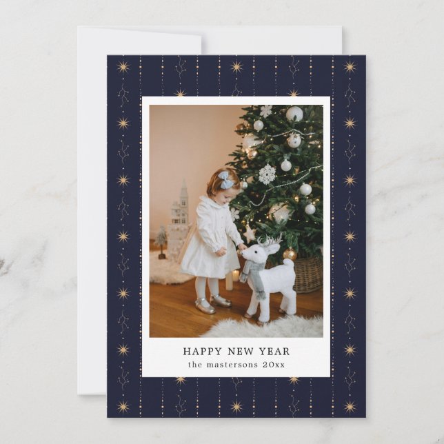 Blue And Gold Stars Wallpaper Photo Holiday Card (Front)