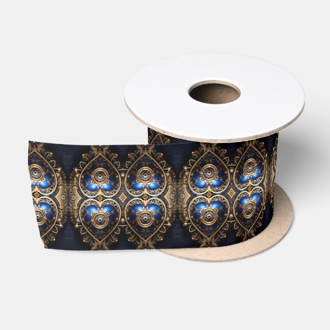 blue and gold steampunk hearts pattern satin ribbon (Spool)
