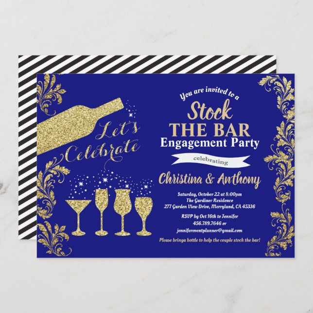 Blue and gold stock the bar engagement party invitation (Front/Back)
