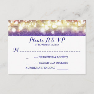 blue and gold string lights glitter wedding RSVP Card