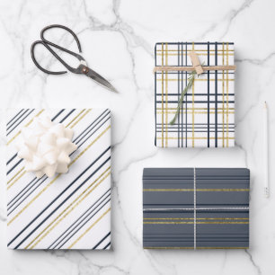 Blue and Gold Stripes and Plaids  Wrapping Paper Sheet