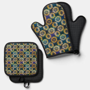 Blue and Gold Sunflower Batik Oven Mitt & Pot Holder Set