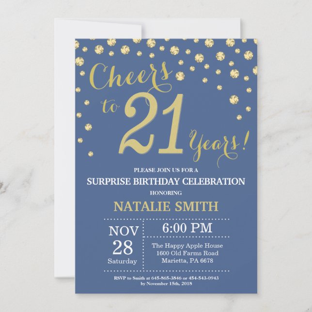 Blue and Gold Surprise 21st Birthday Diamond Invitation (Front)