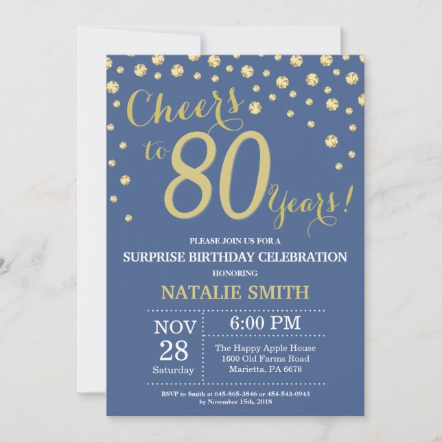 Blue and Gold Surprise 80th Birthday Diamond Invitation (Front)