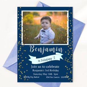 Blue and Gold Third Birthday Photo   Invitation