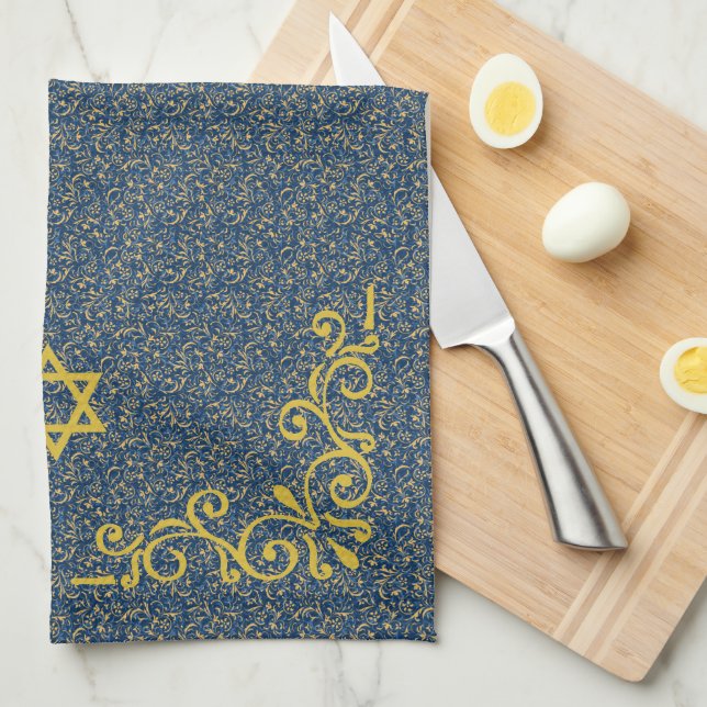 Blue and Gold Tone Baroque Flourish Handwashing Tea Towel (Quarter Fold)