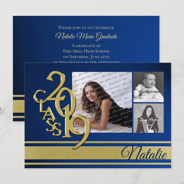 Blue and Gold Varsity 2019 Graduation Three Photo Invitation (Front/Back)