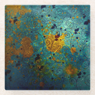Blue and Gold Vine Glass Coaster
