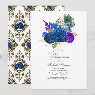 Blue and Gold Vintage Peacock Floral Quinceañera Invitation