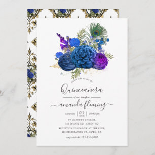 Blue and Gold Vintage Peacock Floral Quinceañera Invitation