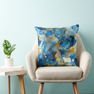 Blue and Gold Watercolor Abstract Cushion