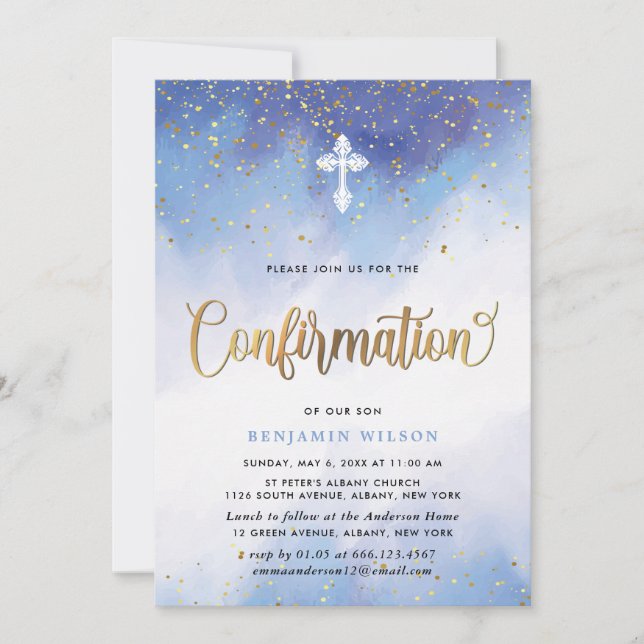 Blue And Gold Watercolor Boy Confirmation Invitation (Front)