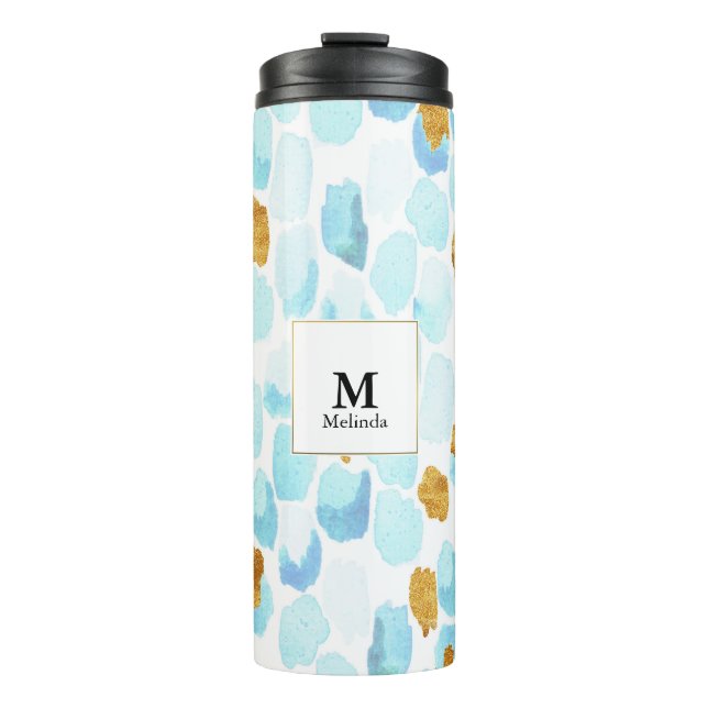 Blue and Gold Watercolor Dots Monogram Tumbler (Front)