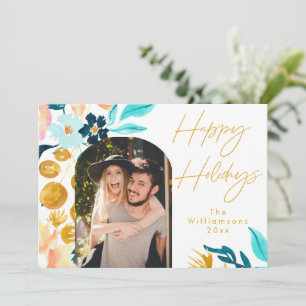 Blue and Gold Watercolor Flowers 1 Photo Elegant Holiday Card