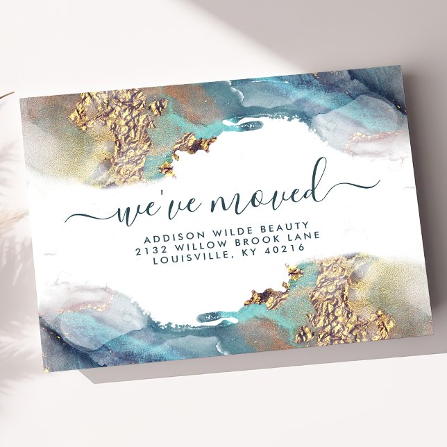 Blue And Gold Watercolor Ink Moving Announcement Postcard (Creator Uploaded)