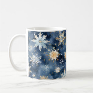 Blue and gold watercolor snowflake coffee mug