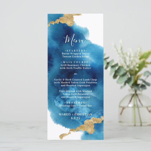 Blue and Gold Watercolor Wedding Menu (Standing Front)