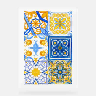 Blue and Gold Watercolour Tile Pattern – Mediterra Acrylic Sign