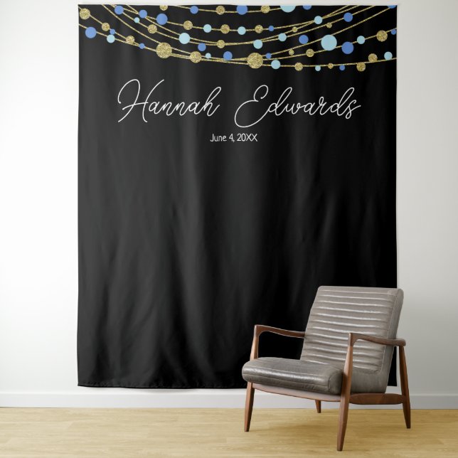 blue and gold wedding photo backdrop party banner tapestry (In Situ)