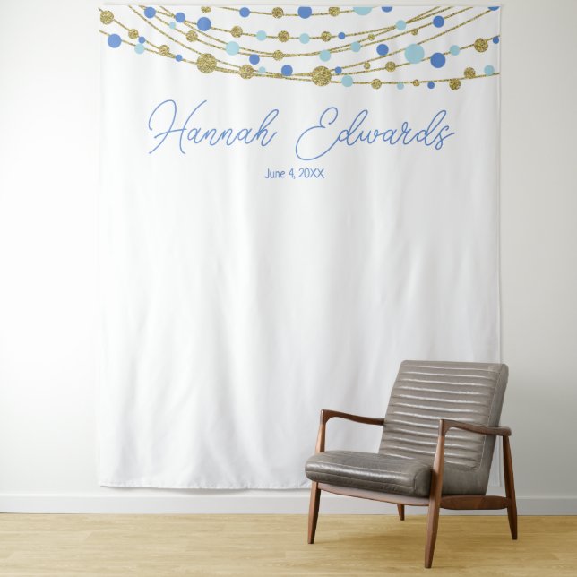 blue and gold wedding photo backdrop party banner tapestry (In Situ)