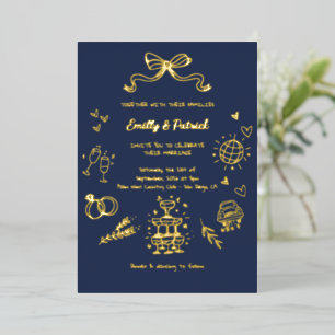 Blue and Gold Whimsical Doodle Wedding Invitation