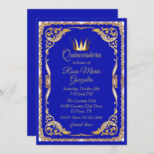 Blue and Gold with Crown Quinceanera Invitation